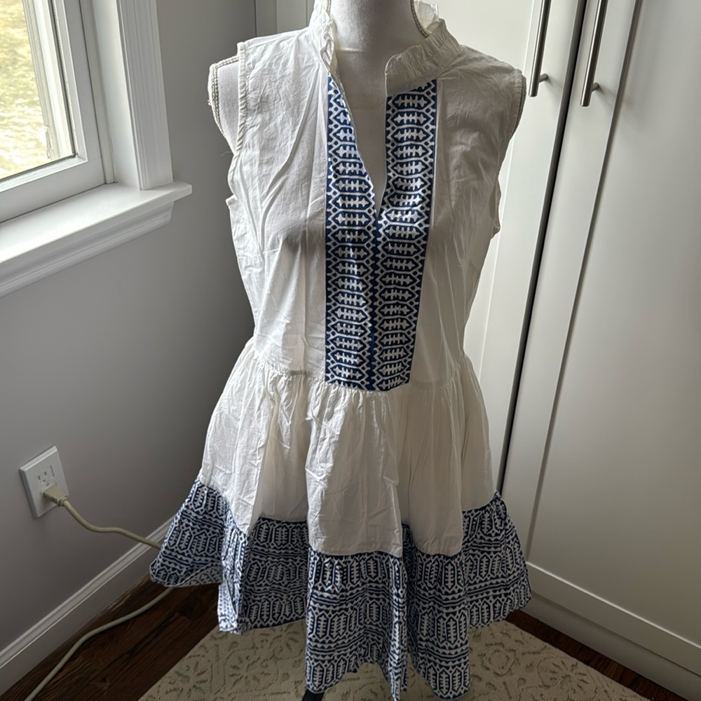 Oliphant White Sleeveless Dress with Navy Blue Trim